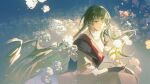  1other androgynous arabian_clothes black_gloves cangchen enkidu_(fate) enkidu_(fgo_fes._2025)_(fate) fate/grand_order fate_(series) gloves green_eyes green_hair highres long_hair robe sitting smile toga white_robe 