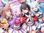  4girls :d ^_^ ahoge animal_ear_fluff animal_ears belt black_hair blue_eyes blue_jacket blunt_bangs braid brown_eyes brown_hair cat_ears closed_eyes commentary_request cropped_jacket dog_ears double-parted_bangs fox_ears hair_ornament halterneck hands_on_another&#039;s_shoulders happy_tears highres holding_hands hololive hololive_gamers hood hood_down hooded_jacket interlocked_fingers inugami_korone jacket long_hair low_twin_braids multicolored_hair multiple_girls navel neckerchief necktie nekomata_okayu official_alternate_costume one_eye_closed ookami_mio pink_tube_top pleated_skirt pointing pointing_at_viewer purple_eyes purple_hair quilted_jacket red_jacket red_streaks shirakami_fubuki side_braid signature skirt smile strapless streaked_hair tag tears torakichi_888 tube_top twin_braids violet_viora white_hair white_necktie white_skirt wiping_tears wolf_ears x_hair_ornament 