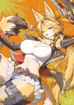 abstract_background anthro armwear big_breasts bottomwear breasts choker cleavage cleavage_cutout clothed clothing cutout detached_sleeves felid feline female fur green_eyes hair heart_symbol hi_res highlights_(coloring) hotpants inner_ear_fluff jacket jewelry mammal markings midriff mihoyo mole_(marking) navel neck_tuft necklace one_eye_closed open_mouth orange_body orange_fur orange_hair ponytail pulchra_fellini pupils shirt shorts slit_pupils solo striped_body striped_fur stripes tail tank_top thiren topwear tuft weapon white_body white_clothing white_fur white_shirt white_tank_top white_topwear wink xoty_233 zenless_zone_zero