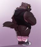  anthro big_arms black_body black_clothing black_fur butt clothed clothing dylan_(purplecider) footwear fur glistening gulonine hood_down hoodie jockstrap looking_back male mammal marten mustelid musteline pantsless pantsless_anthro pantsless_male purplecider round_ears shoes simple_background sleeveless_hoodie socks solo tail topwear underwear whiskers 