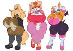 big_breasts big_butt big_ears bodysuit bottomwear breasts brown_body butt canid canine cleavage cleavage_overflow clothed clothing eyes_closed female footwear green_eyes group hair hi_res high_heels huge_breasts idw_publishing legwear leotard lips mammal membrane_(anatomy) nattonsfw pink_bottomwear pink_clothing pink_lips pink_skirt platform_footwear platform_heels ponytail rouge_the_bat sega shoes simple_background skinsuit skirt smile sonic_the_hedgehog_(comics) sonic_the_hedgehog_(idw) sonic_the_hedgehog_(series) standing thigh_highs tight_clothing trio vanilla_the_rabbit whisper_the_wolf