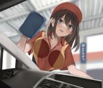  1girl :d against_glass baseball_cap blue_eyes blush breast_press breasts breasts_on_glass brown_hair car_interior car_wash_(place) collarbone collared_shirt hair_between_eyes hat highres holding_cloth huge_breasts indoors kureha_(ironika) leaning_to_the_side long_hair looking_at_viewer open_mouth orange_shirt original red_hat red_shirt shirt short_sleeves sidelocks smile solo straight_hair two-tone_shirt upper_body washing_vehicle windshield wiping 
