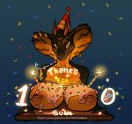 2024 absurd_res anthro bedroom_eyes belly big_breasts black_body black_scales breast_focus breasts bust_portrait cake candle claws clothing cobra confetti dessert digital_media_(artwork) english_text eye_scar facial_scar fangs female finger_claws fingers food furgonomics furry-specific_piercing hat headgear headwear hi_res horn hybrid icing looking_at_viewer markings mouth_closed mrwhitebear narrowed_eyes nipple_piercing nipples non-mammal_breasts non-mammal_nipples nude nude_anthro nude_female obsidian_(za121) orange_belly orange_body orange_eyes orange_scales party party_hat piercing plated_scales portrait pupils reptile ring_piercing scales scalie scar seducing_viewer seductive simple_background slit_pupils smile snake snake_hood snake_hood_markings snake_hood_piercing solo subscriber_count teeth text url