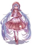  1girl alternate_costume apron blue_hair blush boots bow bowtie capelet commentary_request frilled_skirt frills full_body futaba969649 hatsune_miku hood hooded_capelet long_hair long_sleeves looking_at_viewer red_boots red_capelet red_eyes red_skirt shirt simple_background skirt solo standing twintails very_long_hair vocaloid waist_apron white_apron white_background white_bow white_bowtie white_shirt 