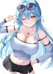  1girl ;d absurdres ahoge bare_shoulders black_shorts blue_hair breasts cleavage commentary_request contrapposto crop_top cropped_shirt crossed_bangs detached_sleeves double-parted_bangs eyewear_on_head grin hair_between_eyes hair_ornament hand_on_own_hip hand_up heart heart_ahoge highres hololive jewelry large_breasts long_hair long_sleeves midriff multicolored_hair navel necklace one_eye_closed pointy_ears ribbed_shirt ribbed_sleeves shirt short_shorts shorts simple_background sleeveless sleeveless_shirt smile snowflake_hair_ornament solo strap_slip streaked_hair sunglasses uehiro v very_long_hair virtual_youtuber white_background white_shirt white_sleeves yellow_eyes yukihana_lamy 