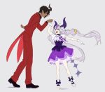 1boy 1girl :d ahoge aragami_oga arm_behind_back black_bow black_hair black_shirt black_shoes bow braid closed_mouth dancing dark-skinned_male dark_skin demon_girl demon_horns dress earrings eye_contact fang flower footwear_bow full_body gloves green_eyes grey_background hair_between_eyes hair_bow hair_flower hair_ornament hand_up height_difference highres holding_hands hololive holostars horns jacket jewelry kainocan la+_darknesss long_hair long_sleeves looking_at_another looking_to_the_side multicolored_dress multicolored_hair outstretched_arm pants pinstripe_dress pinstripe_pattern platform_shoes pointy_ears purple_dress purple_hair purple_ribbon red_jacket red_pants red_suit ribbon shirt shoes short_hair short_sleeves simple_background single_horn smile standing standing_on_one_leg streaked_hair striped_horns suit tail tailcoat twin_braids v-shaped_eyebrows very_long_hair virtual_youtuber white_bow white_gloves white_shoes yellow_eyes yellow_flower 