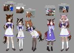  5girls :3 absurdres animal_ears black_hair black_pantyhose blue_eyes boots bow bowtie breasts brown_eyes brown_hair brown_shoes character_name commentary dark-skinned_female dark_skin english_commentary english_text full_body genderswap genderswap_(mtf) gradient_hair green_eyes grey_background hair_bow hair_intakes highres horse_ears horse_tail horseshoe_ornament jewelry kentucky_derby lace-up_boots large_breasts loafers long_sleeves low_twintails mage_(racehorse) mandaloun_(racehorse) multicolored_hair multiple_girls mystik_dan_(racehorse) necklace original own_hands_together pantyhose personification pleated_skirt puffy_short_sleeves puffy_sleeves purple_bow purple_bowtie purple_shirt purple_skirt real_life red_eyes red_hair reference_inset rich_strike_(racehorse) sailor_collar sailor_shirt school_uniform semilebkuchen shirt shoes short_sleeves simple_background skirt sovereignty_(racehorse) standing streaked_hair swept_bangs tail thighhighs tracen_school_uniform twintails twitter_username umamusume veil wavy_hair white_bow white_bowtie white_hair white_skirt white_thighhighs 