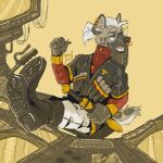anthro boots chair clothing dialogue ear_piercing ear_ring ears_up eyewear facial_piercing footwear furniture gesture glasses hair hand_gesture hi_res holding_melee_weapon holding_object holding_sword holding_weapon hyena kolya_yeen_(mawkvlt) lever looking_aside male mammal mawkvlt melee_weapon nose_piercing nose_ring on_chair open_mouth piercing pointing ring_piercing round_glasses shoes sitting sitting_on_chair solo sword tail teeth teeth_showing tongue weapon wearing_glasses white_hair