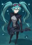  aqua_eyes aqua_hair black_lips electric_guitar from_above full_body goggles goggles_on_head guitar hatsune_miku highres holding holding_guitar holding_instrument instrument long_hair shoulder_pads skin_tight standing twintails very_long_hair vocaloid yorugumi300 