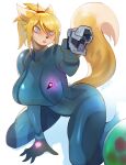 absurd_res alternate_species anthro blush canid canine female fox fox_tail gun hand_on_ground handgun hi_res kneeling mammal markings metroid mole_(marking) nintendo paralyzer pistol ranged_weapon samus_aran solo weapon xuuikie