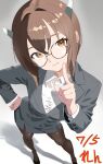  1girl alternate_costume arm_up artist_name black_shoes breasts brown_eyes brown_hair business_suit closed_mouth collared_shirt dated from_above glasses grey_jacket grey_skirt hair_between_eyes hand_on_own_hip hashtag-only_commentary headgear highres index_finger_raised jacket kantai_collection long_sleeves looking_at_viewer one-hour_drawing_challenge pantyhose ren_(pawer1945) shadow shirt shoes short_hair simple_background skirt small_breasts smile solo suit taihou_(kancolle) white_background white_shirt 