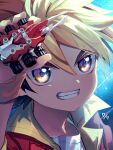  1boy amanogawa_ryuusei artist_name blonde_hair brown_hair child collared_jacket commentary_request dated eye_reflection grin hand_up hercules_beetle highres holding holding_toy jacket jinzou_konchuu_kabutoborg_vxv kuroda_(kuro_yyy) looking_at_viewer male_focus open_clothes open_jacket portrait red_jacket reflection shirt shooting_star short_hair signature smile solo tomcat_red_beetle_(kabutoborg) toy toy_car white_shirt wristband 