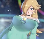  ... 1girl absurdres alternate_breast_size aqua_dress bare_shoulders blonde_hair blue_eyes blurry blurry_background breasts brooch crown dress earrings gjh hair_over_one_eye highres jewelry large_breasts long_hair mario_(series) off-shoulder_dress off_shoulder rosalina solo star_(symbol) star_brooch star_earrings 