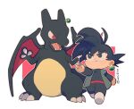  1boy :&gt; alternate_color black_hair bright_pupils charizard claws commentary crossover dragon_ball dragon_ball_super earrings english_commentary full_body goku_black jewelry male_focus open_mouth outstretched_arm pokemon pokemon_(creature) potara_earrings red_eyes shiny_pokemon simple_background spiked_hair thick_eyebrows twitter_username v-shaped_eyebrows walking white_background white_pupils windylie 
