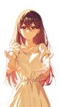  1girl absurdres black_eyes black_hair collarbone double-parted_bangs dress hair_between_eyes highres kisany long_hair mari_(faraway)_(omori) mari_(omori) omori short_sleeves simple_background solo upper_body white_background white_dress 