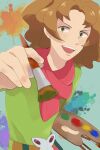  1boy :d brown_hair burgh_(pokemon) commentary green_eyes green_shirt hand_up happy highres holding holding_paint_palette holding_paintbrush long_hair male_focus nakikot_t open_mouth paint_palette paintbrush pants pink_scarf pokemon pokemon_bw scarf shirt smile solo symbol-only_commentary teeth upper_teeth_only wavy_hair 