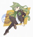  1boy adversarial_noise animal_ear_fluff animal_ears armband black_eyes black_jacket black_pants black_shoes black_suit blush cat_ears cat_tail commentary_request double-parted_bangs from_behind full_body green_armband green_hair hair_between_eyes jacket kemonomimi_mode lobotomy_corporation long_hair long_sleeves medu_(rubish) mixed-language_text netzach_(project_moon) open_clothes open_jacket open_mouth pants project_moon shirt shoes simple_background solo suit suit_jacket tail translation_request watermark white_background white_shirt yellow_background 