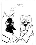 2024 absurd_res anthro avian beak bird black_and_white black_beak black_nose bodily_fluids border canid canine canis clothing collared_shirt comic dialogue domestic_dog duo eyebrows facial_scar hi_res holding_arm holding_face looking_away maccaw_(sharkinthepark) macleish_(sharkinthepark) male mammal markings monochrome owl sad scar sharkinthepark shirt simple_background tears thick_eyebrows topwear whisker_markings white_background worried