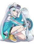  1girl absurdres ahoge aqua_jacket bandaid bandaid_on_cheek bandaid_on_face bandaid_on_knee bandaid_on_leg black_skirt closed_mouth drawstring epinel_(nikke) from_side full_body goddess_of_victory:_nikke green_eyes green_hair grey_hair hair_ornament head-mounted_display high_tops highres holding hood hood_down hoodie hoverboard jacket kwiiwk1 long_hair long_sleeves looking_at_viewer multicolored_hair on_one_knee open_clothes open_jacket pleated_skirt ponytail shoes skateboard skirt sneakers socks solo star_sticker sticker_on_face streaked_hair two-tone_hair very_long_hair white_background white_hoodie white_socks yellow_shoes 