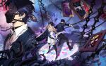  2girls 3boys animal arai_motoha artist_request back-to-back black_dog black_mask black_pants black_shoes blue_jacket chain character_request dog holding holding_sword holding_weapon hood hood_up ikenami_shouki jacket kamishiro_nagisa looking_at_viewer mask mouth_mask multiple_boys multiple_girls official_art pants persona persona_5 persona_5:_the_phantom_x profile red_eyes red_mask shoes shorts sword third-party_source weapon white_shorts wonder_(p5x) 