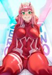  1girl absurdres blush bodysuit breasts commentary covered_navel darling_in_the_franxx dilan_griz double-parted_bangs english_commentary eyeliner green_eyes grin hair_over_breasts hairband highres hood hood_down hooded_bodysuit horns large_breasts long_hair looking_at_viewer makeup mecha_pilot_suit parasite_suit_(darling_in_the_franxx) pink_hair red_bodysuit red_eyeliner red_horns sitting skin_tight smile solo straight-on straight_hair teeth white_hairband zero_two_(darling_in_the_franxx) 