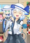  1girl :d akasaka_sato black_skirt blue_ribbon bookshelf closed_eyes commentary_request doll facing_viewer floral_print fumo_(doll) hakurei_reimu hat hat_ribbon highres holding holding_doll indoors juliet_sleeves kaenbyou_rin komeiji_koishi komeiji_koishi_(spontaneous_white_beauty) komeiji_satori long_sleeves mizuhashi_parsee open_mouth puffy_sleeves reiuji_utsuho ribbon rose_print shirt skirt smile teeth third_eye touhou touhou_lostword upper_teeth_only white_hat white_shirt 