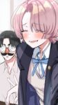 1boy 1girl ^_^ arimura_mao asymmetrical_bangs black_hair black_jacket blue_ribbon blurry blush closed_eyes coke-bottle_glasses commentary_request gakuen_idolmaster glasses hatsuboshi_gakuen_school_uniform highres idolmaster jacket kasasagi_(futagodori888) laughing neck_ribbon pink_hair producer_(idolmaster) ribbon school_uniform shirt short_hair smile sweater_vest tears v white_shirt 