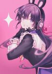  1girl absurdres animal_ear_headphones animal_ears black_gloves black_hair black_shirt blue_eyes commentary_request fake_animal_ears frilled_gloves frills from_side glint gloves grin hair_ornament hair_ribbon hairpin hand_up headphones highres holding holding_microphone lace-trimmed_shirt lace_trim long_sleeves looking_at_viewer looking_to_the_side microphone multiple_hairpins nijisanji pink_background pink_ribbon pink_trim rabbit_ear_headphones rainbow_ribbon ribbon shirt simple_background sleeve_cuffs smile solo sparkle sparkling_eyes tsukino_mito tsukino_mito_(idol_2.0) turning_head twitter_username upper_body usasuzu virtual_youtuber 