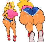 5_fingers absurd_res activision adych anthro bandicoot big_breasts big_butt bottomwear breasts butt clothing crash_bandicoot_(series) curvy_figure denim denim_bottomwear denim_clothing denim_shorts eyelashes female fingers fluffy fluffy_hair hair hair_over_eye hi_res hourglass_figure lips long_eyelashes lying mammal marsupial nipple_outline on_front shorts simple_background solo tawna_bandicoot thick_lips thick_thighs thong underwear