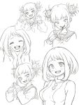  2girls blunt_bangs blush bob_cut boku_no_hero_academia breasts claw_pose closed_eyes double_bun hair_bun highres knife large_breasts licking licking_blade licking_weapon lineart looking_at_viewer monochrome multiple_girls multiple_views nattocurryumeee neckerchief open_mouth own_hands_together parted_bangs portrait sailor_collar school_uniform serafuku short_hair sidelocks simple_background sketch slit_pupils smile teeth thick_eyebrows toga_himiko tongue tongue_out upper_body upper_teeth_only uraraka_ochaco weapon white_background 