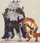 afk_arena afk_journey anthro bottomwear bulge canid canine clothed clothing duo faramor_(afk_journey) fur hi_res hyena lilith_games loincloth male mammal mythological_canine mythological_creature mythology odie_(afk_journey) size_difference werecanid werecanine werecreature werewolf zephyxus