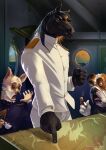 absurd_res anthro black_body black_hair blue_clothing blue_eyes blue_topwear bottomwear brown_body brown_eyes brown_fur canid canine canis cigar clothed clothing container cup domestic_dog equid equine fur group hair hi_res hisao_matsumoto holding_cigar holding_container holding_cup holding_mug holding_object horse inside male male_anthro mammal mug open_mouth pants satanic_monkey standing tan_body tan_fur text tongue tongue_out topwear trio url white_body white_bottomwear white_clothing white_fur white_pants white_topwear