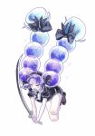  1other absurdres ahoge androgynous aqua_hair black_bow black_hairband black_jacket black_necktie black_shoes black_shorts blue_hair bow brown_socks cengxunuo139 closed_eyes collared_shirt commentary_request fang full_body gem_uniform_(houseki_no_kuni) hair_bow hairband highres holding holding_sword holding_weapon houseki_no_kuni jacket long_hair multi-tied_hair multicolored_hair necktie open_mouth original other_focus puffy_short_sleeves puffy_sleeves purple_hair purple_mouth shirt shoes short_sleeves shorts simple_background skin_fang socks solo sword weapon white_background white_shirt 