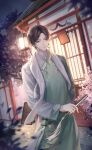  1boy architecture artist_request brown_hair building cherry_blossoms chinese_clothes cloud_print cowboy_shot earrings east_asian_architecture expressionless falling_petals folded_fan folding_fan game_cg gold_earrings green_hanfu grey_eyes half-closed_eyes hand_fan hanfu high_collar highres holding holding_fan hoop_earrings jewelry light_particles long_sleeves looking_at_viewer male-female_symbol male_focus mandarin_collar marking_on_cheek night night_sky nikki_(series) official_art outdoors parted_lips petals qin_yi shawl shining_nikki short_hair single_earring sky solo spring_(season) tassel tassel_earrings tree two-tone_hanfu walking white_hanfu white_shawl 