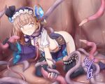  1girl atelier_(series) atelier_lydie_&amp;_suelle black_bow black_gloves blue_gemstone blunt_bangs boots bow breasts brown_hair clenched_teeth frilled_hairband frills gem gloves hair_bow hair_ornament hairband highres holding_tentacle imminent_penetration kneeling lydie_malen nipples pink_eyes purple_boots restrained slime_(substance) small_breasts teeth tentacle_around_neck tentacle_pit tentacles thighhighs toya1s wide-eyed 