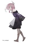  1girl blue_eyes breasts coat cyrene_(honkai:_star_rail) dress from_side full_body highres honkai:_star_rail honkai_(series) looking_at_viewer medium_hair multicolored_hair ox_xohappy pink_hair purple_coat sandals simple_background small_breasts solo twitter_username two-tone_hair white_background white_dress white_hair 