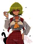  1girl ascot breasts closed_mouth collared_shirt crossed_bangs green_hair hand_on_own_hip highres iganashi1 kazami_yuuka large_breasts long_sleeves looking_at_viewer one-hour_drawing_challenge plaid_clothes plaid_skirt plaid_vest red_eyes red_skirt red_vest shirt short_hair simple_background skirt smile solo touhou umbrella vest white_background white_shirt yellow_ascot 
