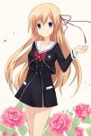  1girl breasts brown_hair chaos;child commentary_request dress hekiho_academy hekiho_academy_school_uniform highres kurusu_nono long_hair looking_at_viewer medium_breasts purple_eyes ririka_(ab-yuri) school_uniform short_dress solo very_long_hair 