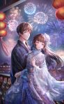  1boy 1girl aerial_fireworks architecture artist_request black_kimono blue_kimono bow braid brown_hair chi_xiaolong chi_xiaoyu city closed_mouth cowboy_shot earrings east_asian_architecture fireworks floral_print flower frilled_kimono frills frown game_cg goldfish_scooping grey_eyes hair_bow hair_flower hair_ornament highres holding japanese_clothes jewelry kimono lantern long_hair long_sleeves looking_ahead looking_at_viewer night night_sky nikki_(series) official_art orange_eyes outdoors paper_lantern parted_lips pink_bow railing rain_cease_(shining_nikki) red_flower sad shining_nikki short_hair single_braid sky smile standing tassel wide_sleeves yukata 