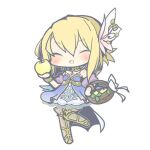  1girl apple bag bare_shoulders blonde_hair blue_dress boots chibi closed_eyes dress emil_chronicle_online flower food fruit golden_apple hair_flower hair_ornament holding holding_food holding_fruit homurabi le_fay_lore open_mouth smile thigh_boots white_background 