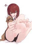  1girl absurdres ass bare_legs barefoot black_shorts blue_eyes brown_jacket close-up collared_shirt commentary_request feet foot_focus foot_out_of_frame foot_up foreshortening hair_between_eyes hand_on_own_foot hands_on_feet head_tilt heavy_breathing highres jacket kahlua_(artist) knees_up lower_teeth_only makise_kurisu necktie presenting_foot red_hair red_necktie shadow shirt shorts sidelocks simple_background sitting soles solo spread_toes steins;gate sweat sweatdrop teeth thighs toes white_background white_shirt 