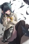 1girl absurdres as5267325aa black_feathers black_thighhighs blue_hair brown_shirt commentary_request feathers gradient_background grey_background grey_sailor_collar grey_skirt hair_bun highres long_hair long_sleeves love_live! love_live!_sunshine!! neck_ribbon red_eyes ribbon sad sailor_collar school_uniform shirt single_hair_bun skirt solo thighhighs thighs tsushima_yoshiko uranohoshi_school_uniform white_background winter_uniform yellow_ribbon 