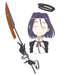  1girl ^_^ black_gloves blush closed_eyes commentary cropped_torso dress facing_viewer glaive_(polearm) gloves hair_between_eyes halo holding holding_polearm holding_weapon kantai_collection kawashina_(momen_silicon) long_sleeves mechanical_halo mole mole_under_eye neck_ribbon polearm purple_hair red_ribbon ribbon short_hair simple_background smile solo tatsuta_(kancolle) weapon white_background 