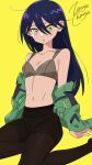  absurdres artist_name bare_shoulders black_hair blush bra brown_bra brown_pantyhose green_eyes green_jacket gundam gundam_gquuuuuux hair_between_eyes highres jacket long_hair looking_at_viewer multicolored_eyes navel no_pants nyaan_(gundam_gquuuuuux) off_shoulder open_clothes open_jacket panties panties_under_pantyhose pantyhose parted_lips sitting underwear yellow_background yellow_eyes zetsuyo_chimayo 