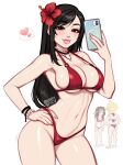  aerith_gainsborough bikini black_hair blushyspicy breasts cleavage cloud_strife commentary english_commentary final_fantasy final_fantasy_vii flower hair_flower hair_ornament highres holding holding_phone large_breasts looking_at_viewer phone red_eyes simple_background stomach string_bikini swimsuit thighs tifa_lockhart tongue tongue_out 