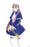  1girl 60karano absurdres bass_guitar blue_capelet blue_dress blue_eyes boots braid capelet dress frilled_dress frills grey_hair highres instrument lawine_(sousou_no_frieren) long_hair side_braid solo sousou_no_frieren thigh_boots zettai_ryouiki 