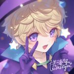  1girl cape commentary dress earrings fangs gloves hair_between_eyes hat jewelry looking_at_viewer magical_girl open_mouth purple_cape purple_dress purple_eyes purple_gloves purple_hat smile solo star_(symbol) sugar_sugar_rune symbol-only_commentary upper_body vanilla_mieux waka_ryou witch witch_hat 