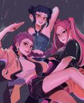  3girls absurdres arm_up artist_name black_hair black_shorts braid commentary cropped_jacket cropped_shirt double_bun earrings english_commentary hair_bun highres ikimaru jacket jewelry kpop_demon_hunters long_hair looking_at_viewer midriff mira_(kpop_demon_hunters) multiple_girls open_clothes open_jacket parted_lips pink_hair purple_hair rumi_(kpop_demon_hunters) shirt shorts smile sparkle white_shirt zoey_(kpop_demon_hunters) 
