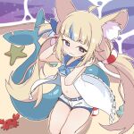  1girl :3 absurdres ahoge animal_ear_fluff animal_ears beach blonde_hair blue_eyes blue_hair blue_sailor_collar cat_ears closed_mouth commentary crab fins fish_girl fish_tail highres indie_virtual_youtuber kaniki_(sameko_saba) lifebuoy_hair_ornament long_hair looking_at_viewer multicolored_hair ocean orenjipiiru sailor_collar sameko_saba sand shirt shorts sitting smile solo starfish streaked_hair tail twintails virtual_youtuber white_shirt white_shorts 