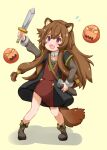  1girl 2others alternate_eye_color animal_ears arm_up balloon_(tate_no_yuusha_no_nariagari) black_dress blush bow brown_bow brown_hair child collar collarbone commentary_request dagger dress flying_sweatdrops full_body grey_dress hair_between_eyes holding holding_dagger holding_knife holding_weapon knife knife_sheath long_hair long_sleeves looking_ahead messy_hair metal_collar metal_hair_tubes metal_wrist_cuffs multiple_others open_mouth partial_commentary purple_eyes raccoon_ears raccoon_girl raccoon_tail raphtalia red_dress sheath short_dress short_sleeves simple_background solo_focus striped_clothes striped_dress tail tate_no_yuusha_no_nariagari tearing_up teeth tomoe_takenari unsheathed upper_teeth_only vertical-striped_clothes vertical-striped_dress weapon yellow_background 